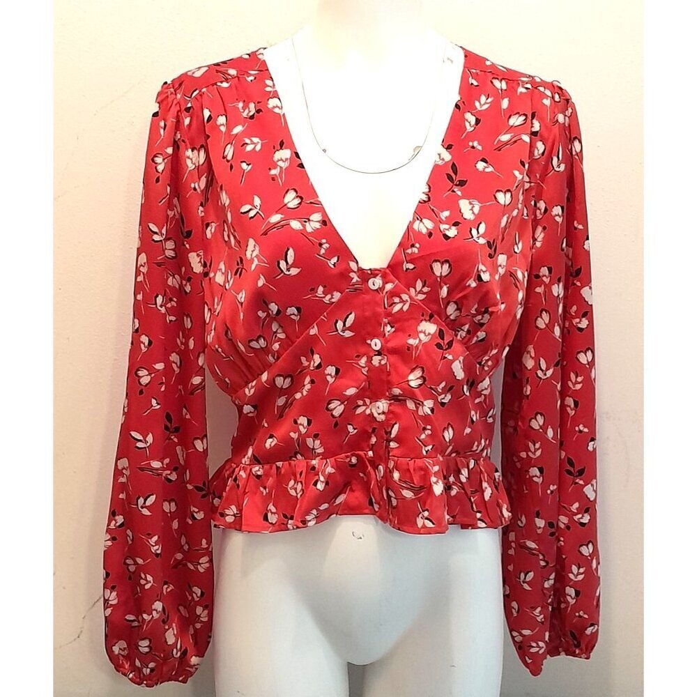 Womens Size Large Boho Balloon Sleeve Formal Casual Ruffle Hem Cropped Blouse